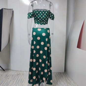 Polka Dot Print Maxi Skirt Suit Women Summer Print Cropped Top Sexy Side Split High Waist Skirt 2 Piece Sets 